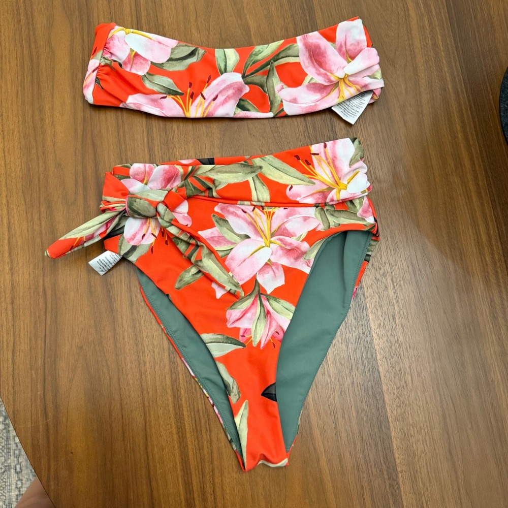 Mara Hoffman Floral Bandeau High Waist Bikini Set Orange Pink Lily XS